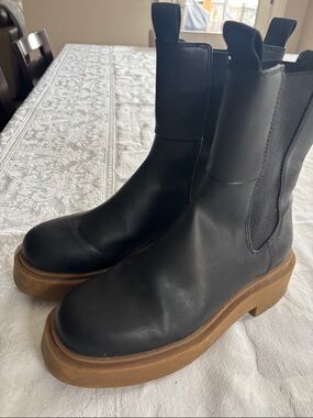 H&M Black Leather Chelsea Boots with Brown Platform Sole